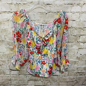 NWT Perseption Concept Floral Print Ruffle Sleeve Tie Neck Blouse